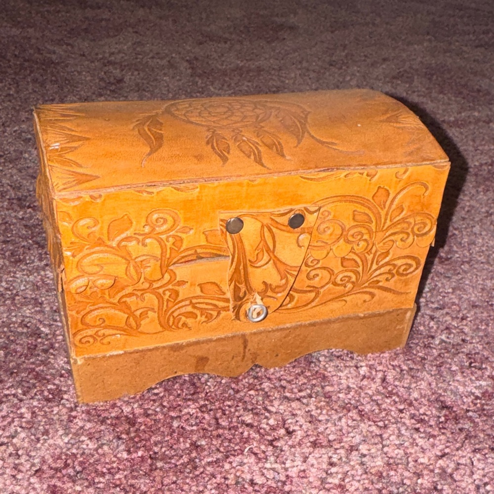 Carved Wooden Leather Jewelry Box